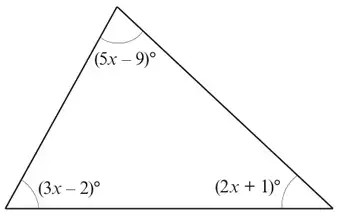 Triangle with angles (5x − 9)° at the top, (3x − 2)° at bottom left and (2x + 1)° at bottom right
