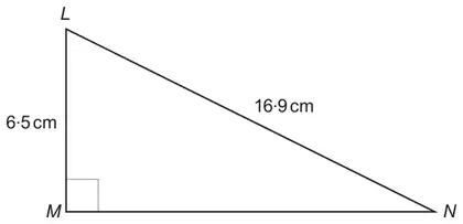 Right-angled triangle LMN with the right angle at M; LM = 6·5 cm and LN = 16·9 cm