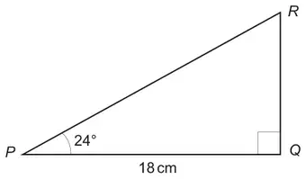 Right-angled triangle PQR with the right angle at Q; PQ = 18 cm and angle QPR = 24°