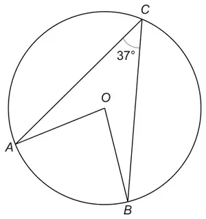 Circle centre O with A, B and C on the circumference; chords CA and CB with angle ACB = 37°; radii OA and OB