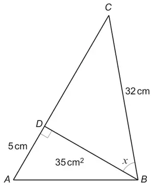 Triangle ABC with D on AC and BD perpendicular to AC; AD = 5 cm, BC = 32 cm, area of triangle ABD = 35 cm²; angle x at B between BD and BC