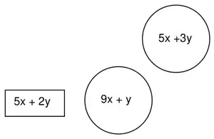 Answers: right circle 5x + 3y, bottom circle 9x + y, bottom-left rectangle 5x + 2y