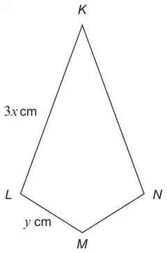 Kite KLMN with K at the top and M at the bottom; KL = 3x cm and LM = y cm