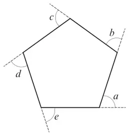Pentagon with each side extended, showing exterior angles a, b, c, d and e