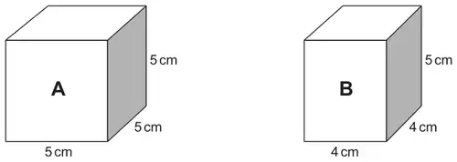 Cube A with edges 5 cm, 5 cm and 5 cm; cuboid B with edges 4 cm, 4 cm and 5 cm (height)