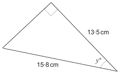 Right-angled triangle with hypotenuse 15·8 cm and side 13·5 cm adjacent to the angle y°