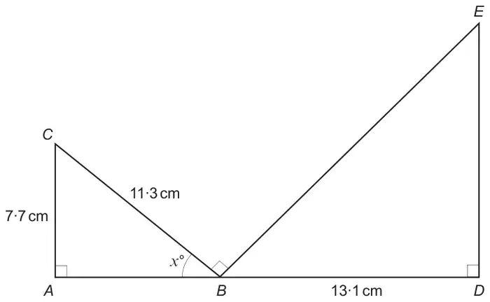 Right-angled triangle ABC (right angle at A, AC = 7·7 cm, BC = 11·3 cm, angle ABC = x°) and right-angled triangle BDE (right angle at D, BD = 13·1 cm) on the straight line AD, with angle CBE = 90°