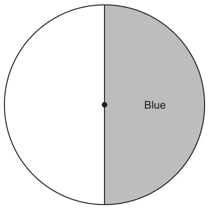Pie chart circle with the right half shaded and labelled Blue; the left half is blank