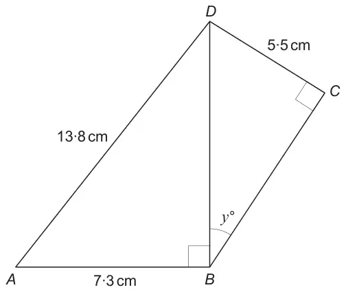 Right-angled triangle ABD (right angle at B) with AB 7.3 cm and AD 13.8 cm, and right-angled triangle BCD (right angle at C) with CD 5.5 cm; angle DBC is y°