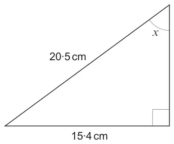 Right-angled triangle with hypotenuse 20.5 cm and base 15.4 cm; angle x is at the top vertex, opposite the 15.4 cm side