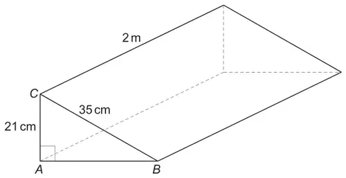 Triangular prism of length 2 m; triangular end ABC with a right angle at A, AC = 21 cm (vertical) and BC = 35 cm (sloping)