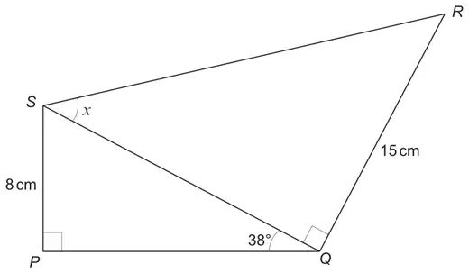 Right-angled triangle SPQ (right angle at P, SP = 8 cm, angle SQP = 38°) joined along SQ to right-angled triangle SQR (right angle at Q, QR = 15 cm); angle x is RSQ at S