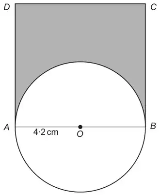Square ABCD with AB along the bottom; a circle with diameter AB and centre O, radius 4·2 cm; the part of the square outside the circle is shaded