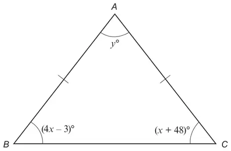 Isosceles triangle ABC with AB = AC; angle A is y°, angle B is (4x − 3)°, angle C is (x + 48)°