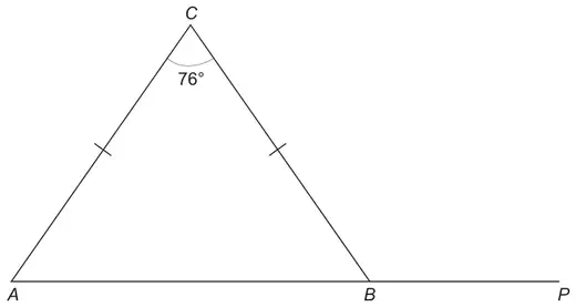 Isosceles triangle ABC with AC = BC marked, angle ACB = 76°, and AB extended to P