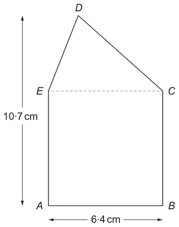 Square ABCE with AB = 6.4 cm and triangle EDC on top; the total height from A to D is 10.7 cm