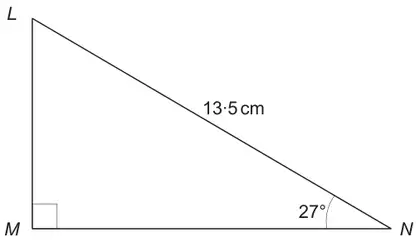 Right-angled triangle LMN with the right angle at M; LN = 13·5 cm; angle at N = 27°
