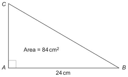 Right-angled triangle ABC with the right angle at A; AB = 24 cm; Area = 84 cm²
