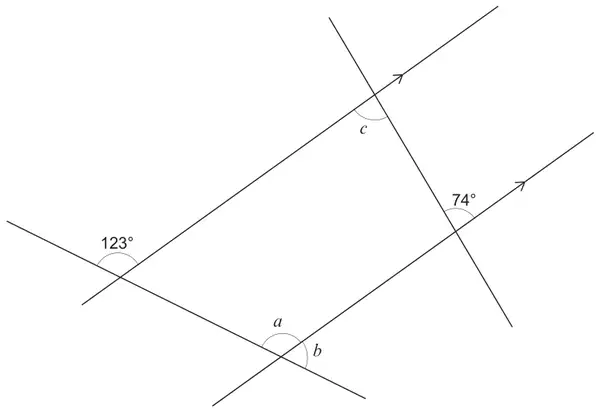 Two parallel lines (marked with arrows) crossed by two transversals; angles 123°, 74°, a, b and c marked