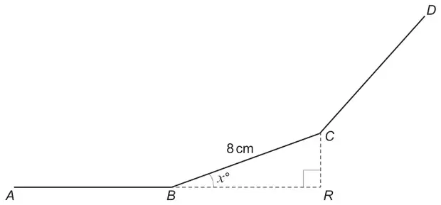 Sides AB, BC and CD of a regular polygon; BC = 8 cm makes angle x° with the extension of AB to R; CR is perpendicular to BR