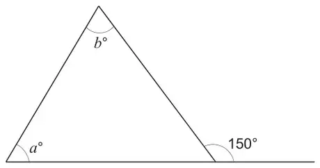 Triangle with interior angles a° and b° and an exterior angle of 150° at the third vertex