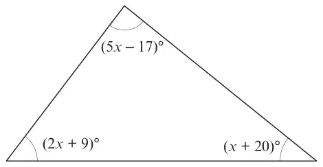 Triangle with angles (5x − 17)° at the top, (2x + 9)° bottom left and (x + 20)° bottom right