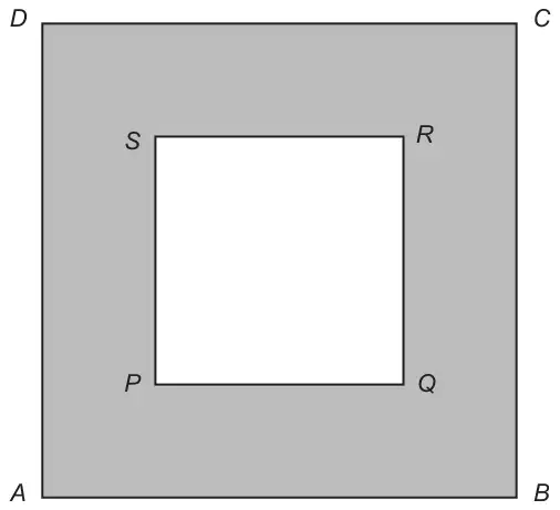 Square ABCD, shaded, with a smaller unshaded square PQRS inside it