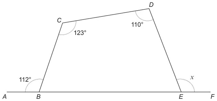 Quadrilateral BCDE with B and E on the straight line AF; angle ABC = 112°, angle BCD = 123°, angle CDE = 110°, angle x between ED and EF
