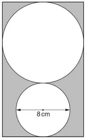 A rectangle containing a large circle above a small circle; the circles touch each other and the rectangle; the small circle has diameter 8 cm; the parts of the rectangle outside the circles are shaded