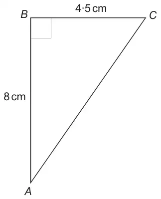 Right-angled triangle ABC with the right angle at B; AB = 8 cm, BC = 4·5 cm