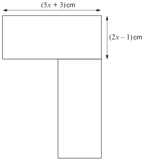 T-shape made of two congruent rectangles: one horizontal on top, one vertical below it on the right; the top rectangle is labelled (5x + 3) cm long and (2x − 1) cm wide