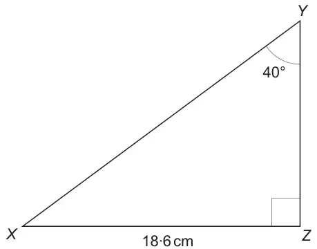 Right-angled triangle XYZ with the right angle at Z; XZ = 18·6 cm; angle XYZ = 40°