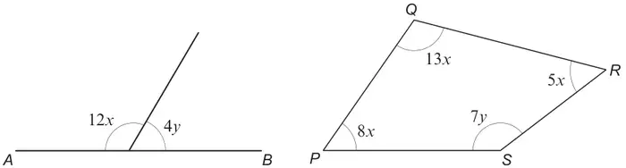 Left: straight line AB with a line from a point on it making angles 12x and 4y. Right: quadrilateral PQRS with angles P = 8x, Q = 13x, R = 5x and S = 7y