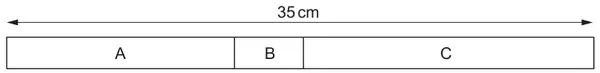 A long strip of total length 35 cm divided into three parts labelled A, B and C from left to right