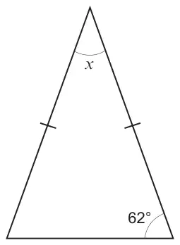 Isosceles triangle with two equal sides marked; the angle between the equal sides is x; a base angle is 62°