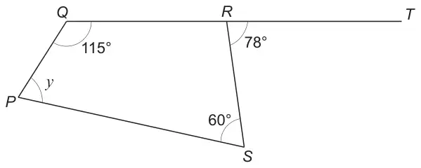 Quadrilateral PQRS with QR extended to T; angle PQR = 115°, angle SRT = 78°, angle RSP = 60°, angle QPS = y