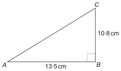 Right-angled triangle ABC with the right angle at B; AB = 13·5 cm, BC = 10·8 cm