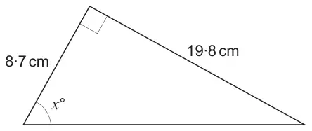 Right-angled triangle; the sides either side of the right angle are 8·7 cm and 19·8 cm; angle x° is at the end of the 8·7 cm side, opposite the 19·8 cm side