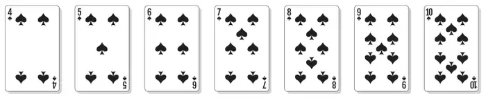 Seven playing cards (spades) numbered 4, 5, 6, 7, 8, 9 and 10