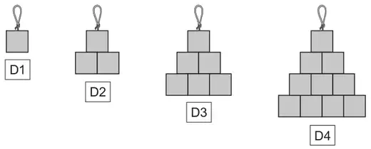 Decorations D1 to D4 made of squares in triangular stacks: D1 has 1 square, D2 has rows of 1 and 2, D3 rows of 1, 2 and 3, D4 rows of 1, 2, 3 and 4
