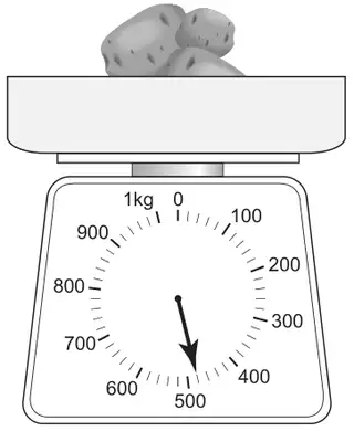 Potatoes on kitchen weighing scales with a dial marked 0 to 1kg in steps of 100 grams; the pointer is just before 500