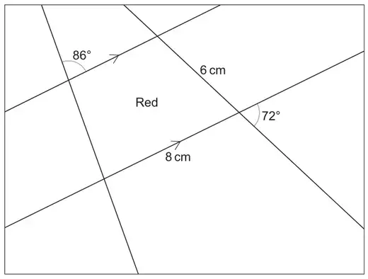 Jigsaw plan: two parallel lines (arrows) crossed by two other lines; the Red piece has an angle of 86°, a side of 6 cm, an angle of 72° and a side of 8 cm