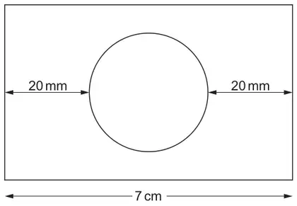 Rectangle 7 cm wide with a circle in the middle; the gap from the left edge to the circle is 20 mm and the gap from the circle to the right edge is 20 mm