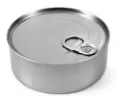 Photograph of a round, flat tin of tuna with a ring-pull lid