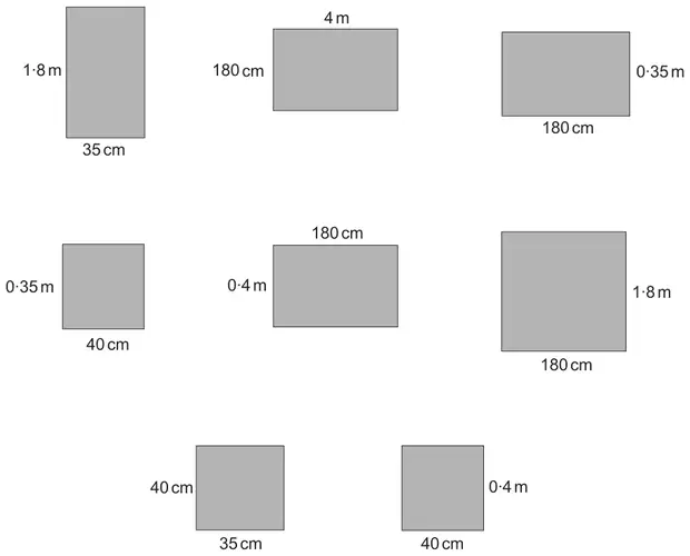 Eight rectangular panels: 1·8 m by 35 cm; 180 cm by 4 m; 0·35 m by 180 cm; 0·35 m by 40 cm; 0·4 m by 180 cm; 1·8 m by 180 cm; 40 cm by 35 cm; 0·4 m by 40 cm