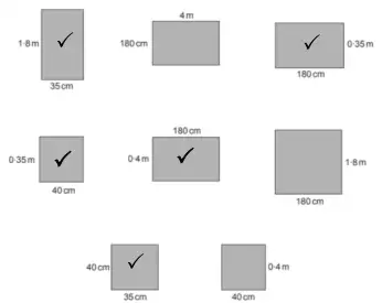 The eight panels with ticks on the five correct ones: 1·8 m by 35 cm, 0·35 m by 180 cm, 0·35 m by 40 cm, 0·4 m by 180 cm and 40 cm by 35 cm