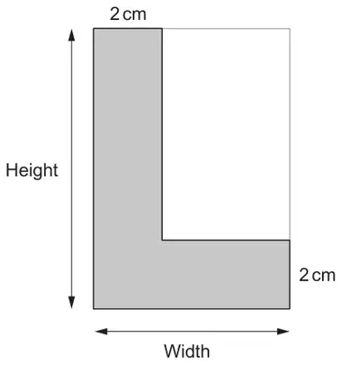 Letter L shape: Height on the left, Width along the bottom; the upright and the base are each 2 cm thick