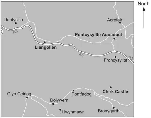 Map with a North arrow showing Llangollen, Chirk Castle and other villages, with the A5 road