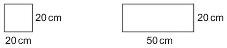 A square tile measuring 20 cm by 20 cm and a rectangular tile measuring 50 cm by 20 cm