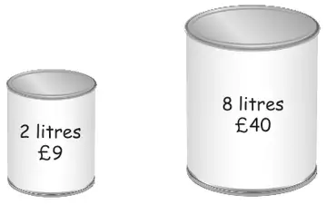 Two cylindrical paint tins: a small tin labelled 2 litres £9 and a large tin labelled 8 litres £40